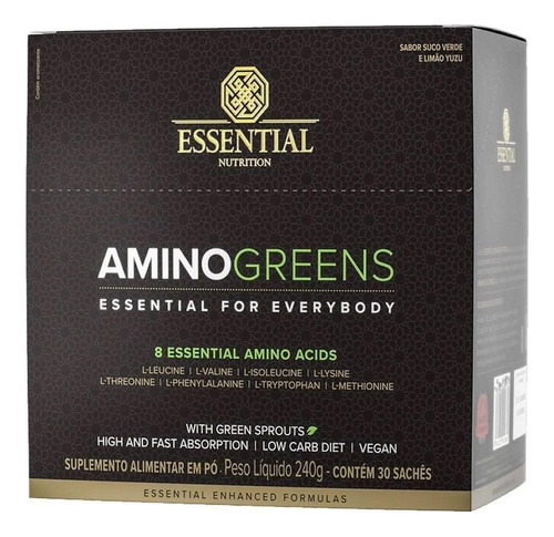 Aminoácidos Amino Greens Vegano 240g - 30 Sachês - Essential Sabor Suco Verde