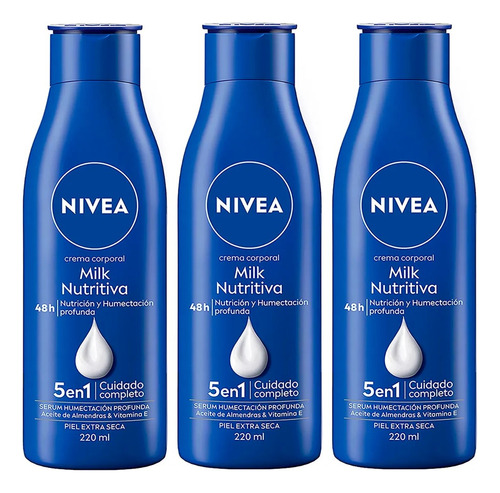 3 Crema Corporal Nivea Milk Nutritiva Piel Extra Seca 220ml