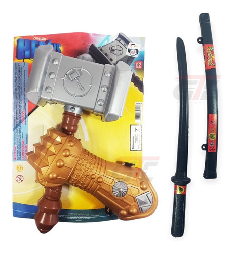 Kit 3 Brinquedo Martelo Thor Bracelete E Katana Espada Ninja