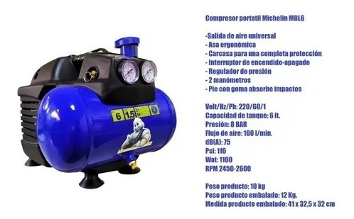 Imagen 2 de 8 de Mini Compresor D Aire Comprimido Portátil Tanque 6l Michelin