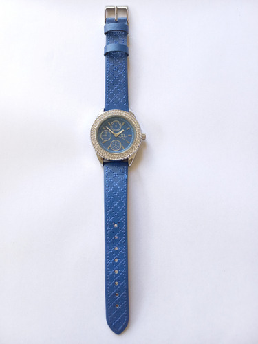 Reloj Xl Extra Large Azul Strass Brillos Cuero 3 Agujas