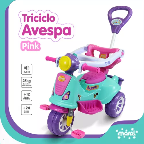 Triciclo Motoca Kemotoca Kendy - Suporta 25kg - C/ Empurrador, Apoio para  os Pés, Protetor Lateral e Par