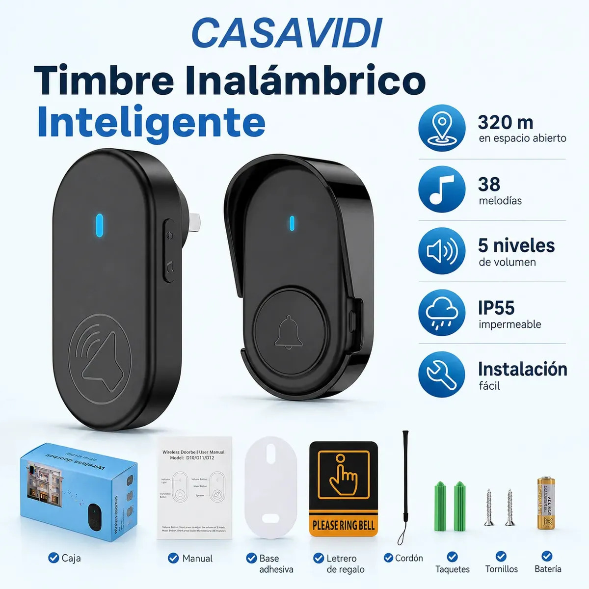 Timbre Inalámbrico Impermeable Con Luz Led 1 Transmiso 1 Rec Negro 38 melodías y 5 niveles de volumen Range de Alcance Inalámbrico de 320 Metros/1050FT CASAVIDItimbres inalambricos