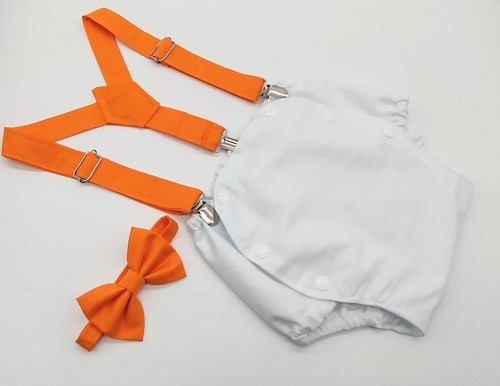 Roupa Menino Branca E Suspensório Gravata Laranja