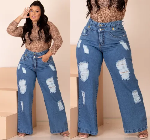 Cal a Jeans Wideleg Pantalona Plus Size Rasgada Cintura Alta