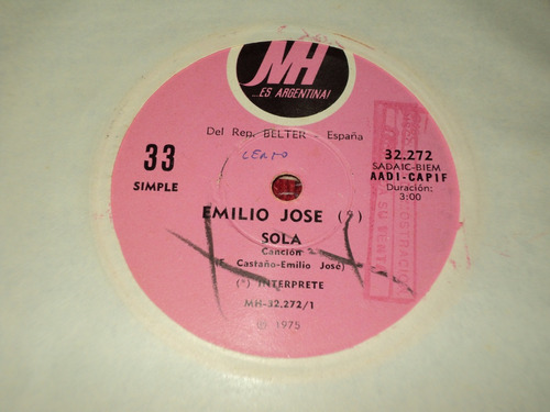 Disco Simple De Emilio Jose - Sola / El Gañan