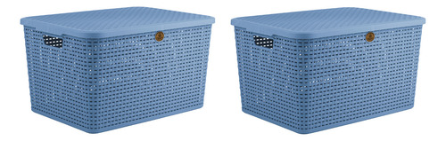 Pack 2 Canastas Organizadoras Chicas Con Tapa Color Azul Acero Caja Rattan Azul
