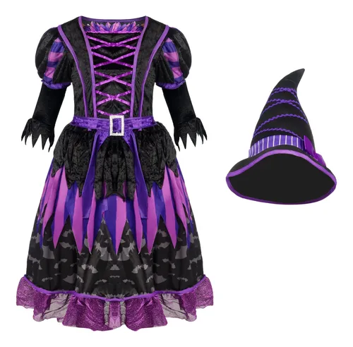Disfraz De Bruja Púrpura Para Niña De Halloween Con Murciéla
