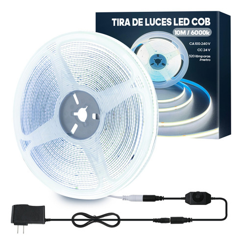 10m Tira Luz Led Cob Flex Interiors Regulador 320leds/m Luz Blanco Frío