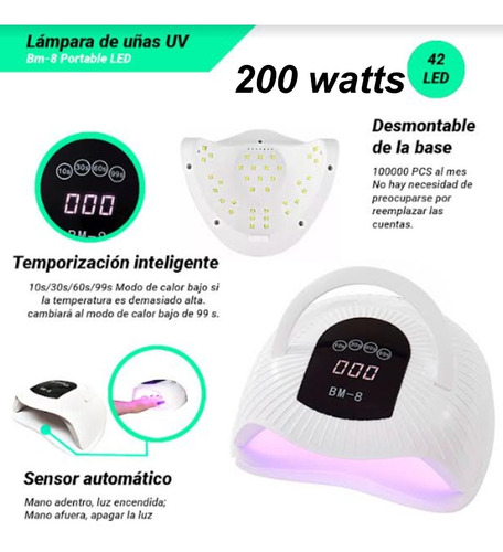 Imagen 2 de 9 de Lámpara Profesional Para Uñas Bm8 Táctil 200w
