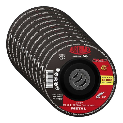 10 Discos Para Desbaste De Metal Austromex 4-1/2x1/4x7/8puLG