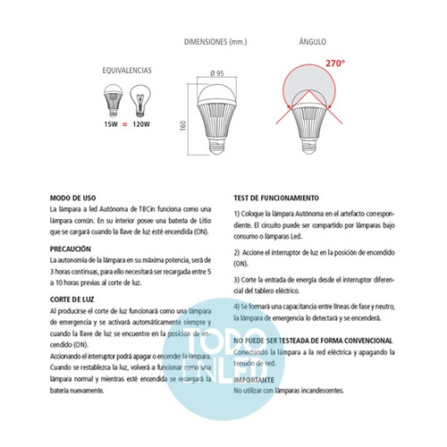 Imagen 3 de 6 de Lampara Bulbo Led Autónoma 15 Watt E27 Eba15 - Todoenled