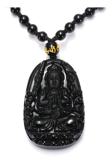 Amitabha obsidiana negra tallada Buda amuleto de la suerte colgante collar
