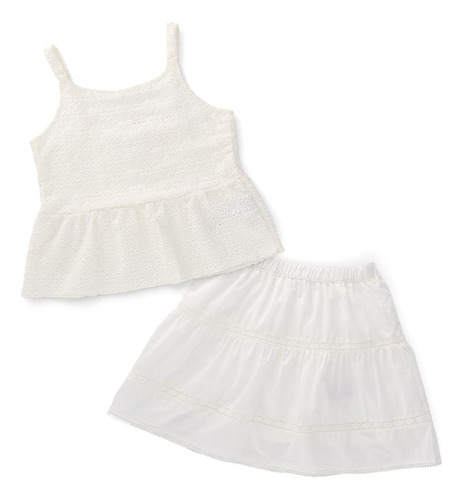 Coqueta Blusa Y Falda Niña Con Textura De Encaje Blanco