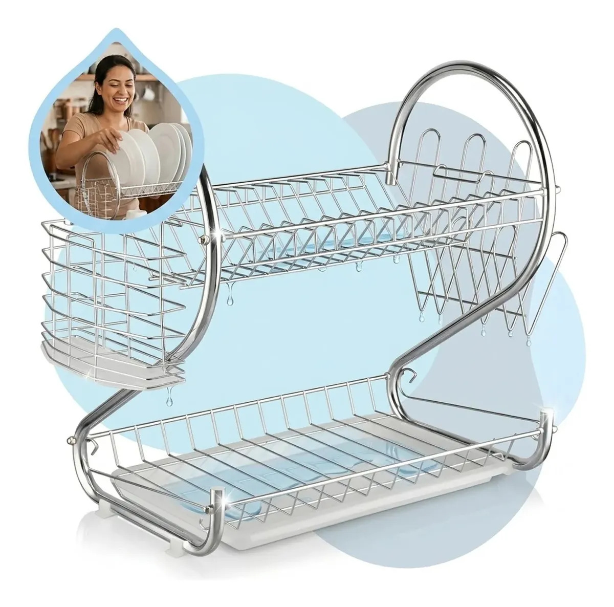 Escorredor de Louça Duplo Inox 2 Andares Porta Pratos Talheres Cozinha Moderno Resistente Shokki