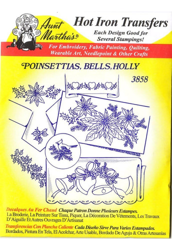 Poinsettias, Bells, Holly  Hot Iron Embroidery Transfer...