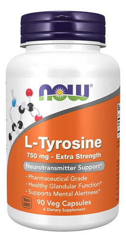 L-tirosina, 750 mg, Now Foods, L-tirosina, 90 cápsulas vegetarianas, sabor sin sabor