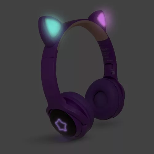 Fone De Ouvido Sem Fio Bluetooth Orelha Gatinho Led Colorido Cor Violeta