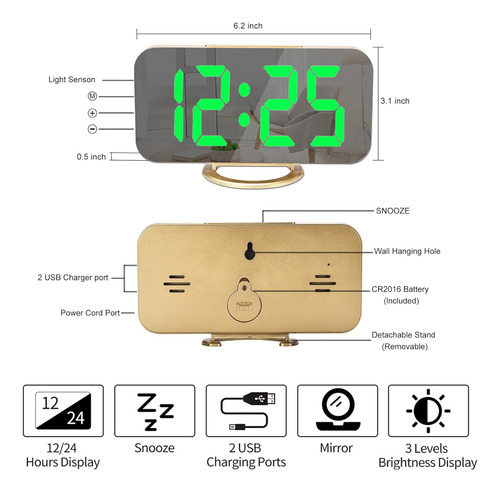 Reloj Despertador Digital Delgado, Puertos De Carga Usb...