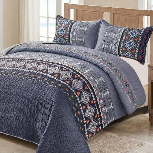 Boho Quilt Queen Set, 3 Piezas De Colcha Azul Marino Conjunt