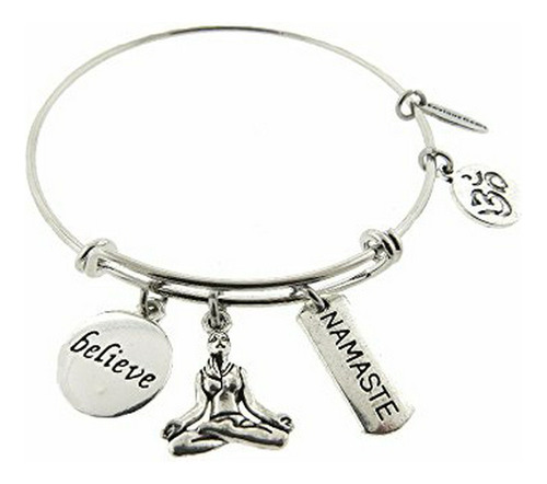 Brazalete - Yoga Believe Namaste Silver Tone Expandable Wire