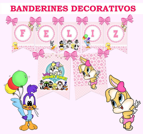 Kit Imprimible Banderín Cartel Cumple Editable Looney Tunesn