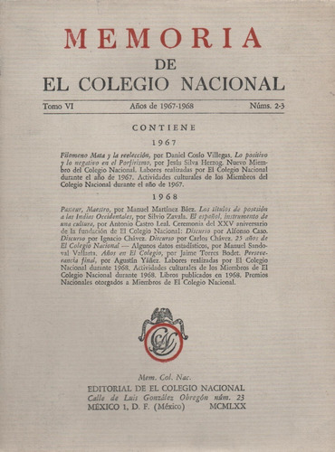 Libro Memoria De El Colegio Nacional Tomo Vi Nums 2-3