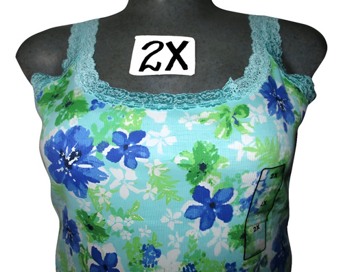 Blusa Azul Estampada Flores Sin Manga Talla 2x (38/40) Basic