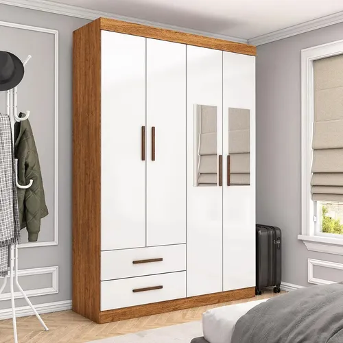 Guarda-Roupa Solteiro Siena 4 Portas 2 Gavetas com Espelho Multimóveis CR35555 Marrom-claro