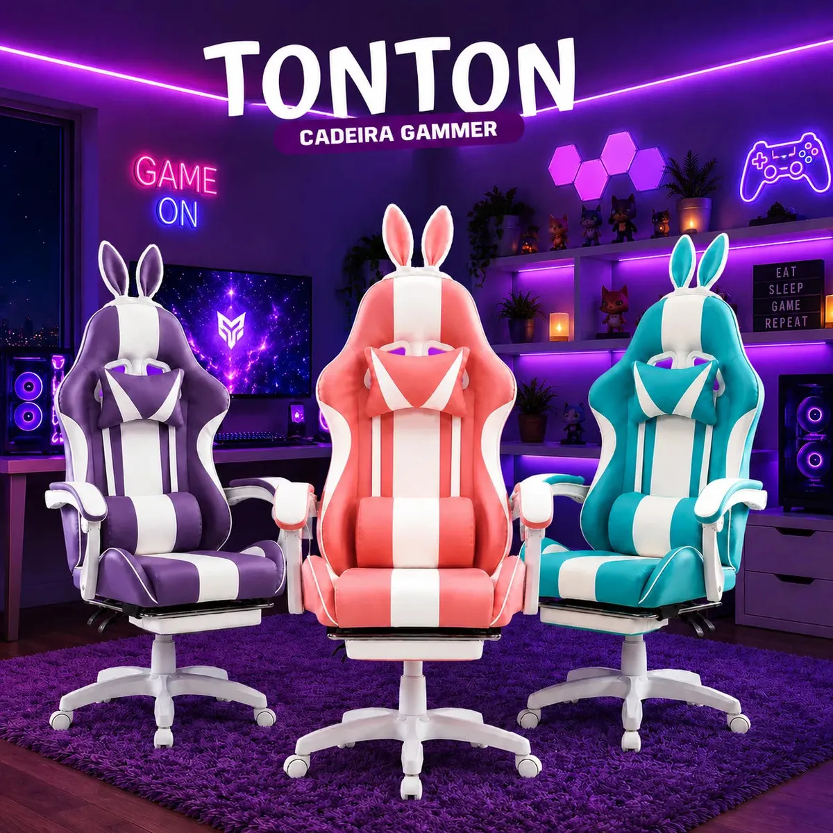 Cadeira Gamer Com Orelhinhas De Coelho Tonton Reclinável Ergonômica Giratória Com Apoio Para Pés De Pc Gamer 150kg E Almofada De Lombar Massageadora Pluggei Select Pluggplay Rosa