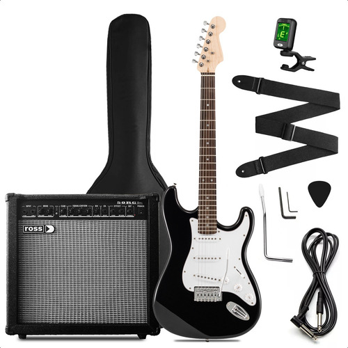 Guitarra Electrica Strato Amplificador 50w Funda Accesorios Color Black Orientación De La Mano Diestro