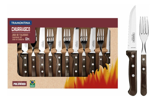 Imagem 1 de 8 de Faqueiro Para Churrasco Inox Tramontina 12 Pç Polywood Cas
