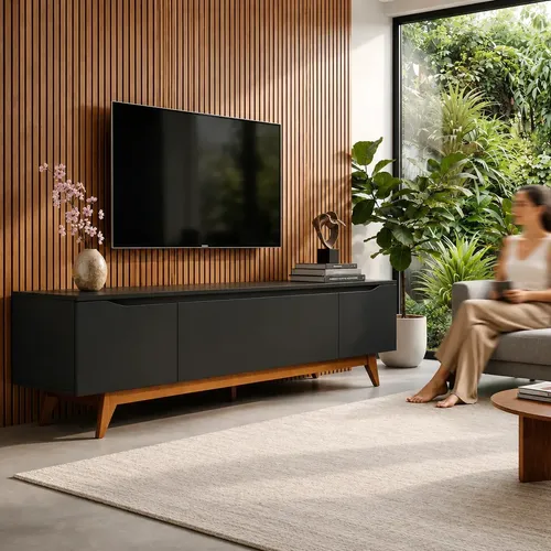 Rack Para TV Até 75 Pol Flynt 184cm 3 Portas Preto Natural