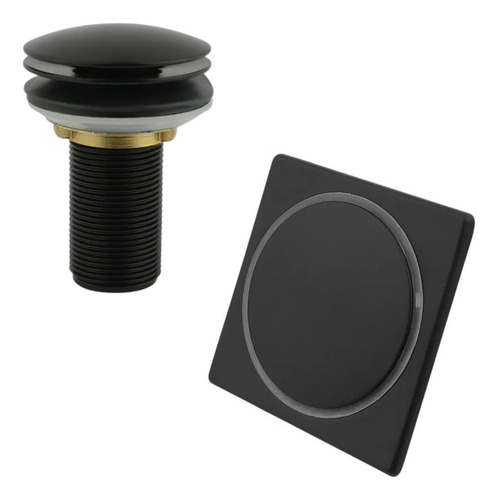 Kit Ralo Click 9,5x9,5 Cm E Válvula Pia 7/8 Preto Fosco Aço Inox Tampa Removível Banheiro Lavabo Cuba Box 10cm Ralo Pia 3cm Lavatório Kit Banheiro Black