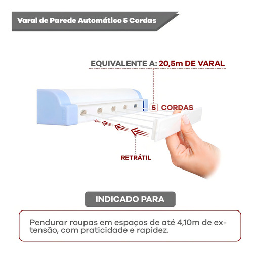 Varal Automático Rotoflex Resistente 5 Cordas Retrátil Cor Preto