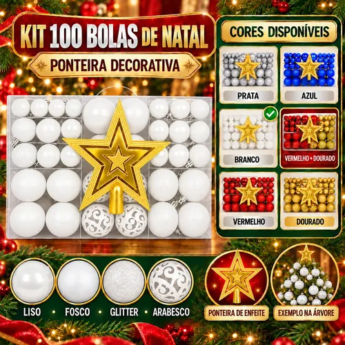 Kit 100 Bolas Natal Lisas/foscas/glitter C/ Ponteira Enfeite