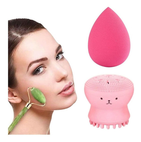 Kit Pedra Jade Rolo Massageador Esponja Maquiagem Facial