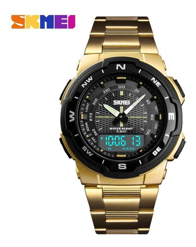 Reloj pulsera Skmei 1370 con correa de acero inoxidable color dorado - fondo negro/gris - bisel negro