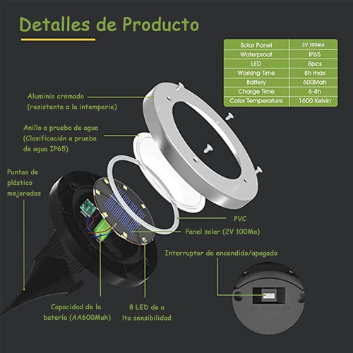 8pcs Luces Solares Iamparas Exterior Jardin Led Impere Ip65