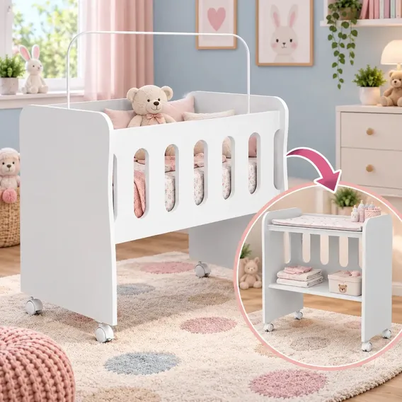 Mini berço multifuncional com mosqueteiro e trocador Moveis Bela cor branco