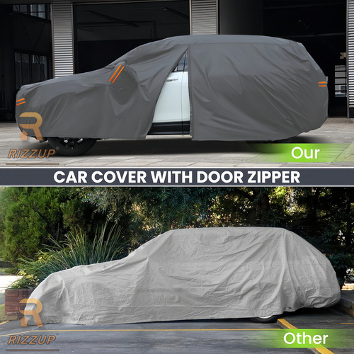 Rizzup® 5.5m Funda Para Pickup 100% Impermeable Cubiertas Para Autos Coche Protector Automovil Vehiculos Accesorios Gris Oscuro 4 Tiras Reflectantes Incluye Cremallera Lateral