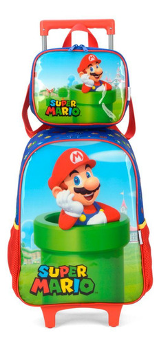 Mochila De Rodinhas Azul Super Mario Com Lancheira - Yepp