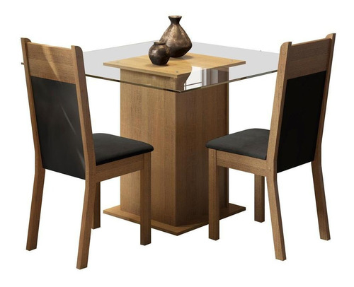 Sala De Jantar Madesa Moni Mesa Tampo De Vidro 2 Cadeiras Cor Rustic/Preto/Sintético Preto MDJA0200035ZPT