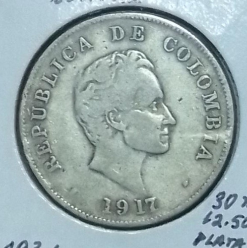 Moneda De Plata 50 Centavos Colombia 1917