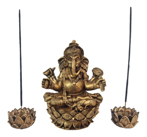 Imagem 1 de 5 de Ganesha Hindu Deus Da Sorte + 2 Incensários Flor De Lótus