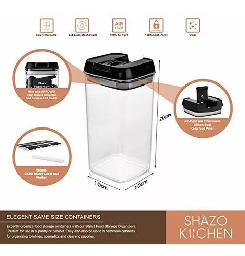  Shazo Airtight Food Storage Container (Set of 6) - BONUS  Measuring Cup - Labels & Marker - Durable Plastic - BPA Free - Clear with  Improved Lids (Black) - Air Tight Snacks Pantry & Kitchen Canisters