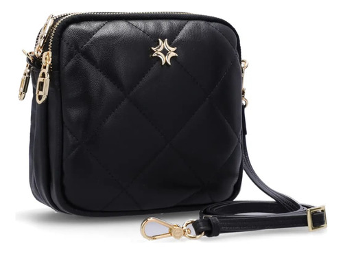 Bolsa Luz Da Lua Couro Legitimo Saara Preto Peq. 3 Zippers
