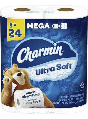 Papel Charmin Ultra Suave 6 Mega Rollos=24 Rollos Regulares