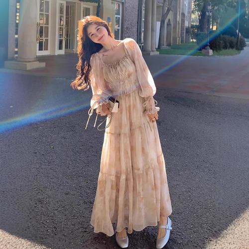 2025 Vestido Floral De Chiffon Com Decote Quadrado Francês