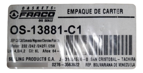 Imagen 2 de 2 de Empacadura Carter Jeep Cherokee 242 4.0 L Wagoneer 258 4.2 L